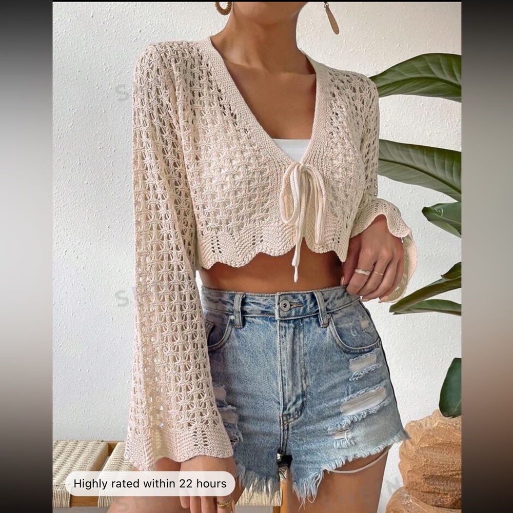 SHEIN VCAY Women's Hollow Out Flare Sleeve Casual Spring Summer Cardigan